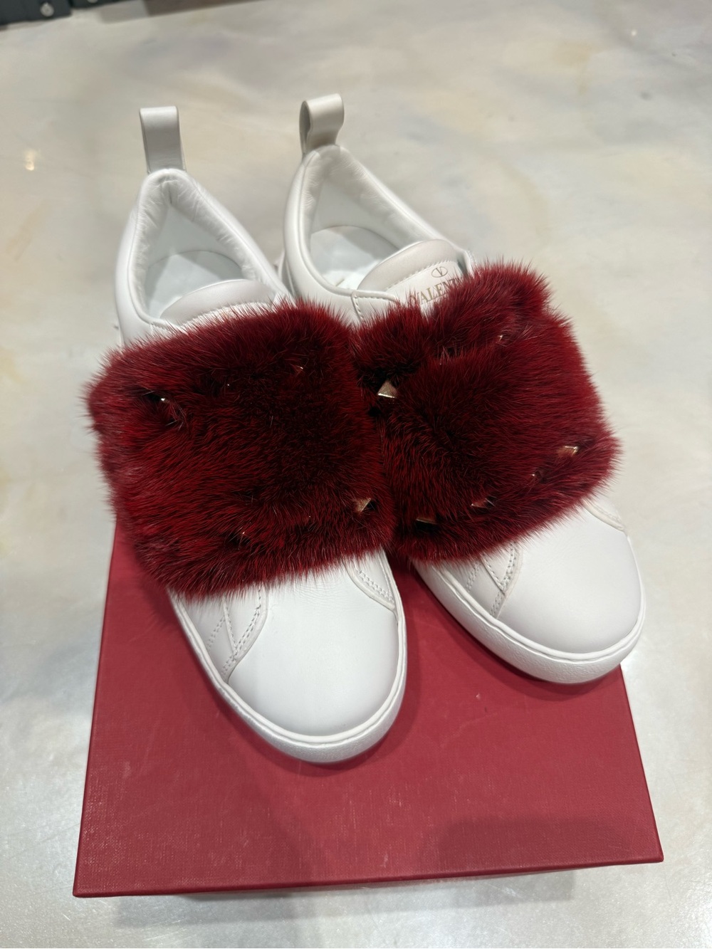 Valentino White Leather Slip-On Sneakers with Burgundy Fur Strap